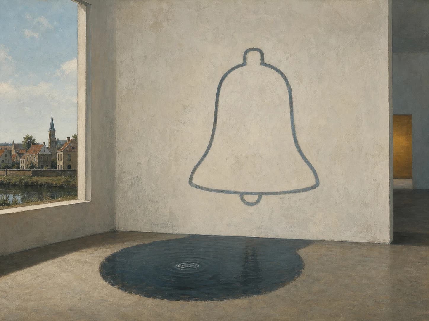 Een getekende klokvorm op een museumwand werpt de schaduw van een donkere vijver met één rimpeling.