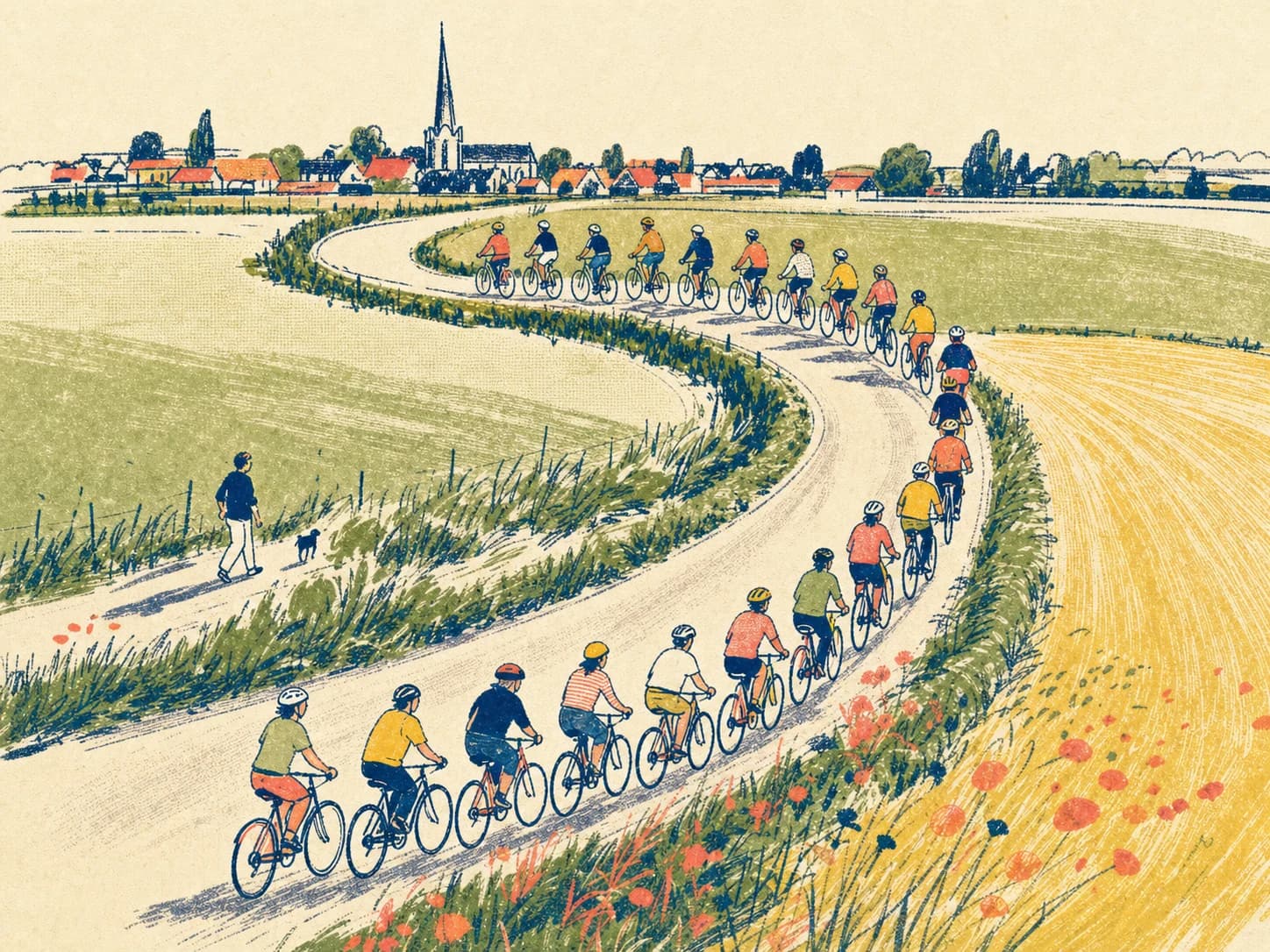 Een groep fietsers vormt in een tweekleurige risoprint een komma door het landschap.
