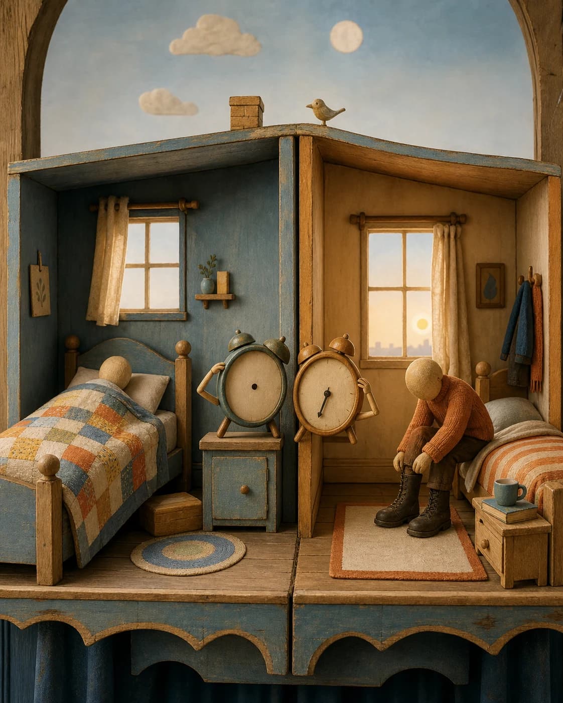 Een houten poppentheater toont twee slaapkamers en twee wekkers die elkaar verbaasd aankijken.