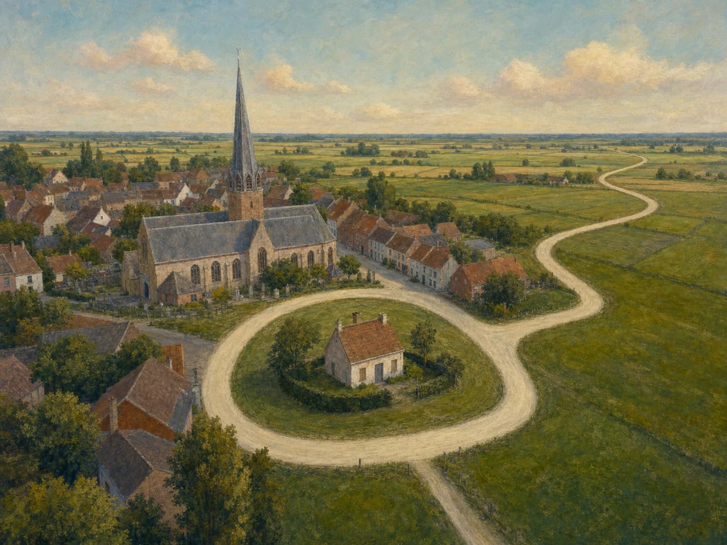 Een landweg maakt een onmogelijke zachte lus rond een slapend huis nabij Watou.