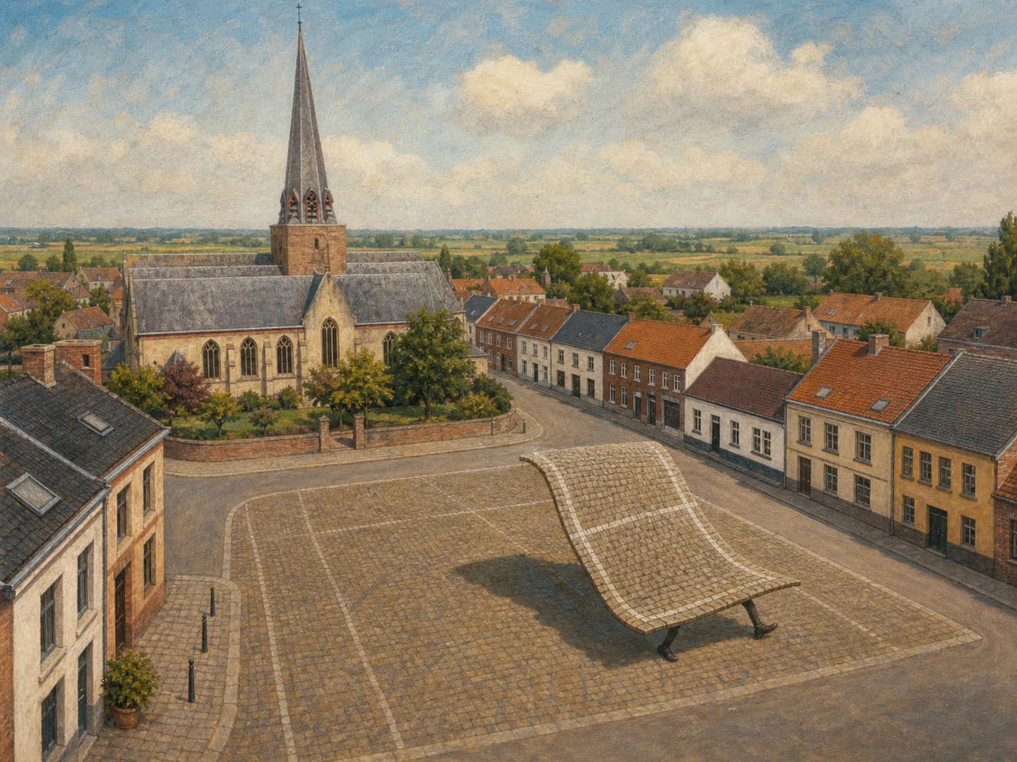 Een opgevouwen parkeervak wandelt weg van een herkenbaar dorpsplein met kerkspits.