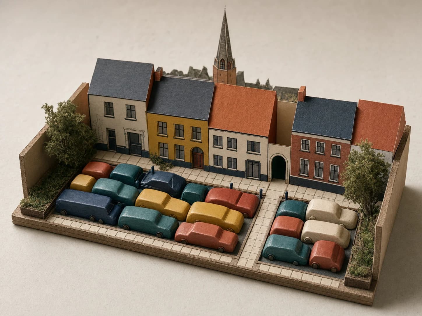 Een handgemaakte miniatuur waarin auto's als puzzelstukken staan en een vrije doorgang openlaten.