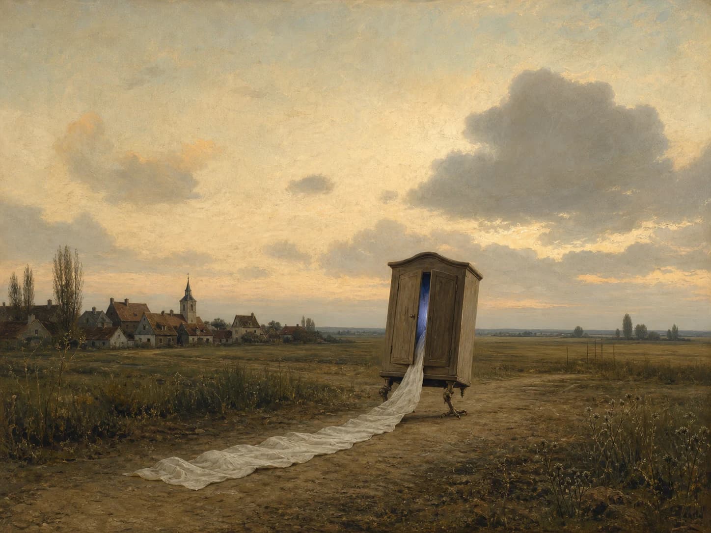 Een oude kast op vogelpoten wandelt met een wit laken naar de velden buiten een stil dorp.