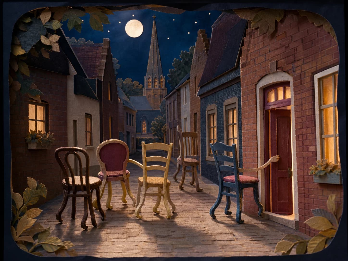 Terrasstoelen wandelen als figuren door een maanverlichte straat in een gelaagd papieren theater.