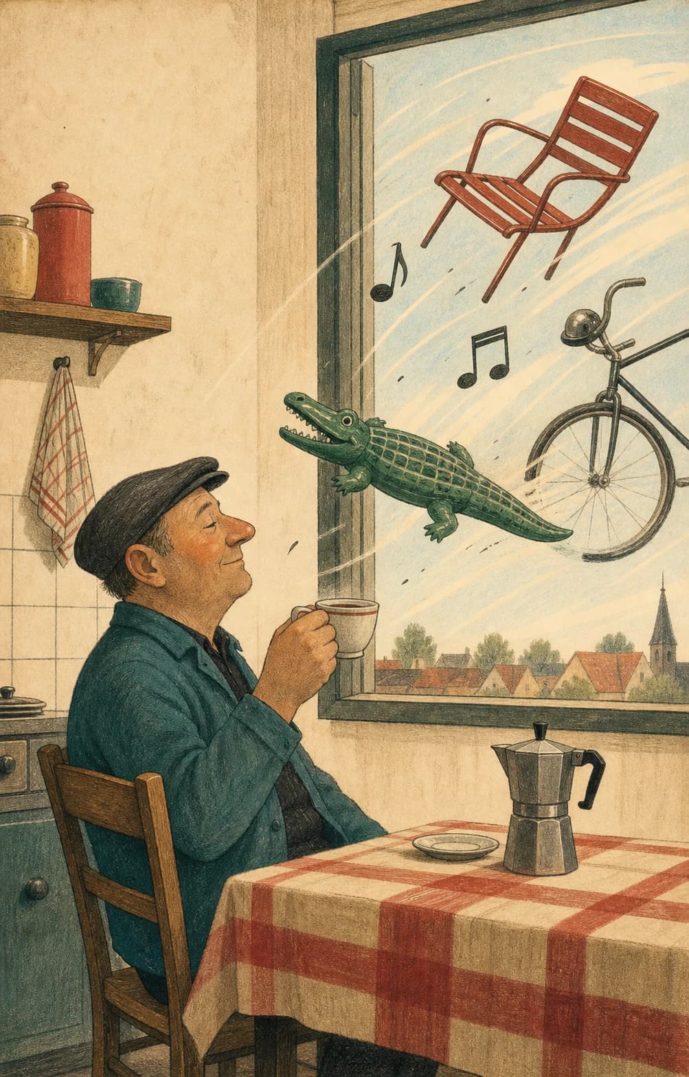 Een rustige Watounaar drinkt koffie terwijl een stoel, fiets, muzieknoten en opblaaskrokodil door het keukenraam waaien.