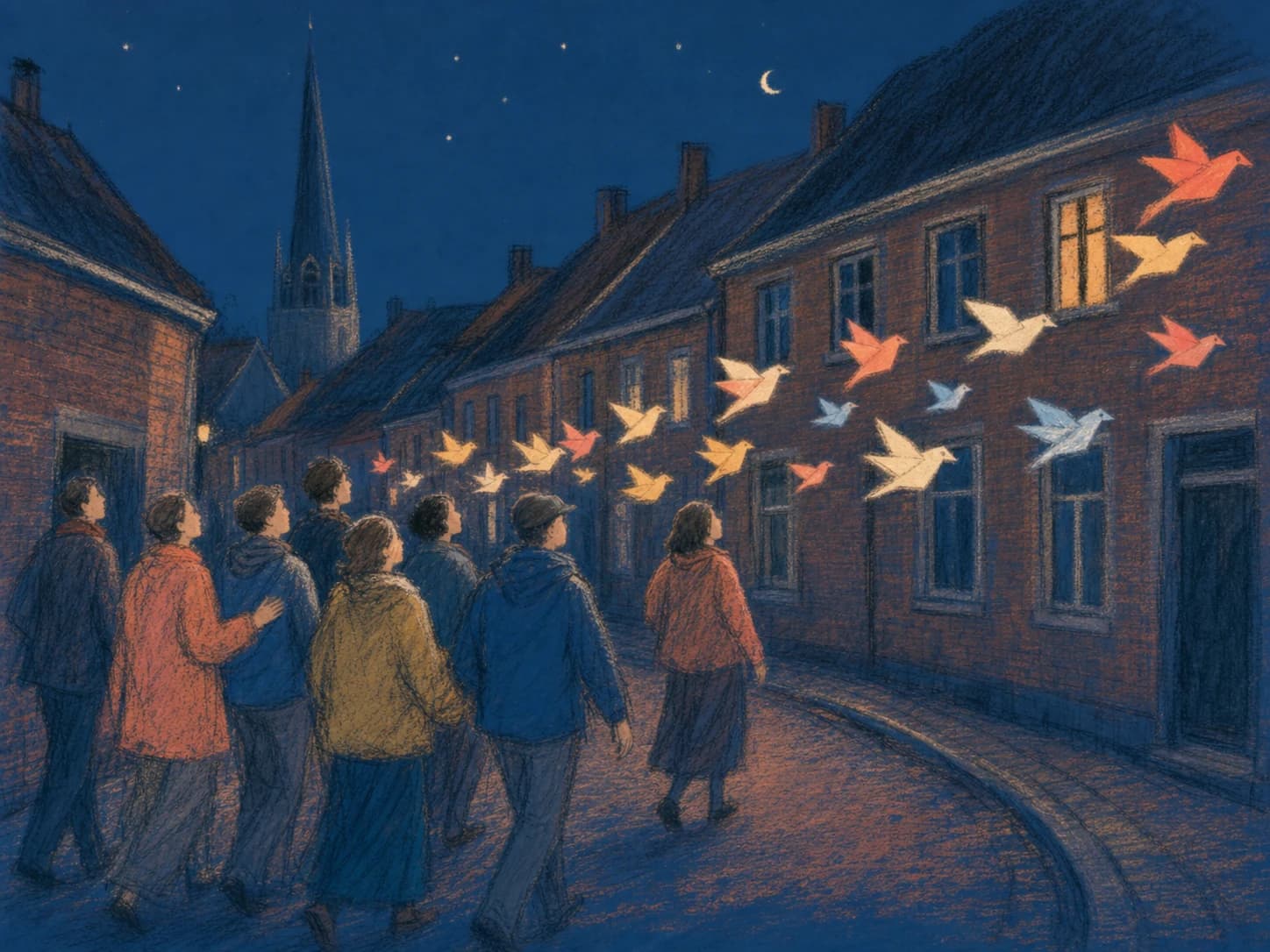 Een zingende groep in houtskool en pastel; hun lied vliegt als papieren vogels naar verlichte ramen.