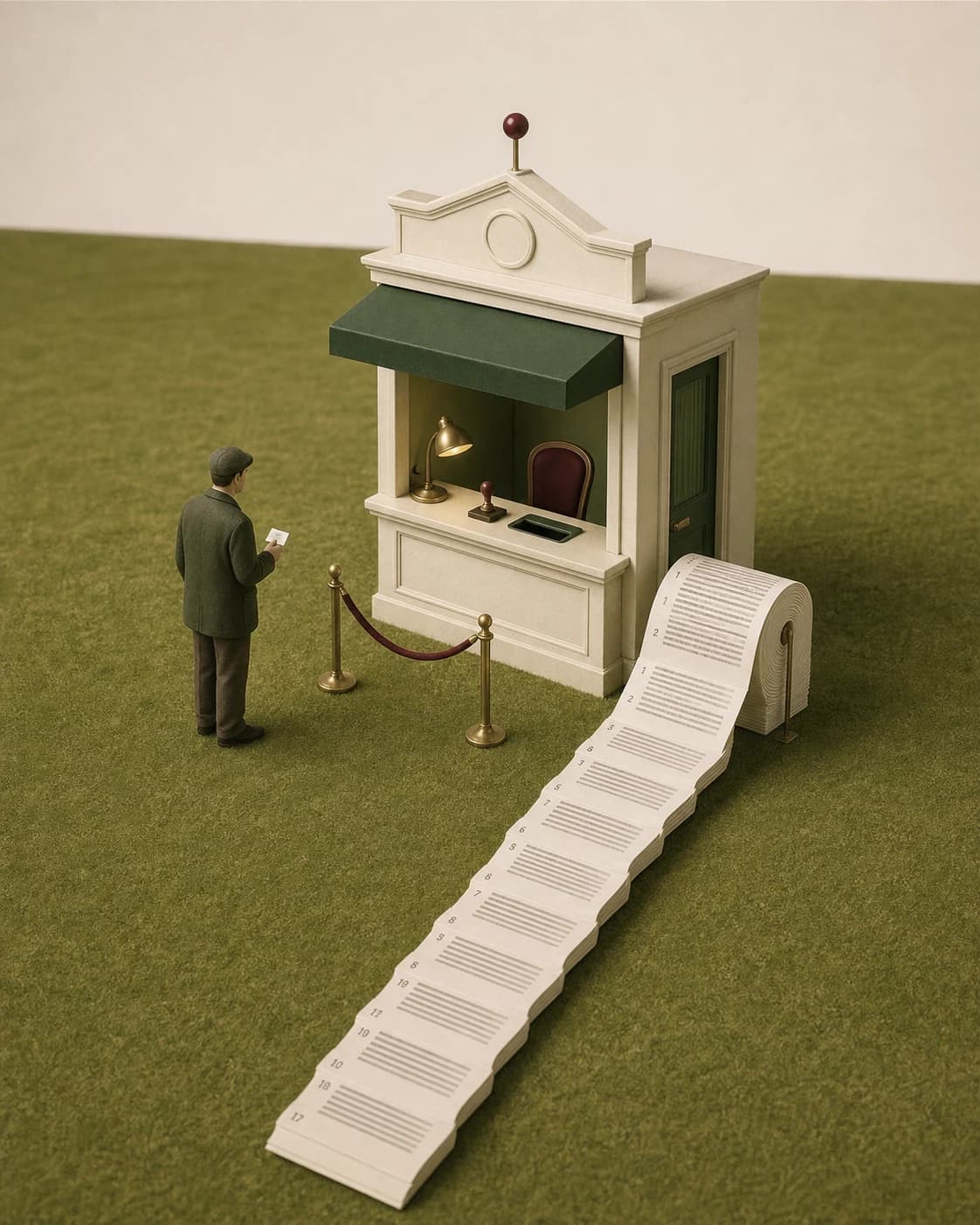 Een piepklein officieel loket staat in een veld, met één bezoeker en een enorme rol beleefde formulieren.