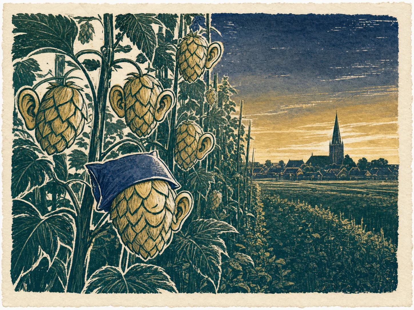 Een linodruk met hopbellen als luisterende oren, één met een klein kussen, en Watou in de verte.