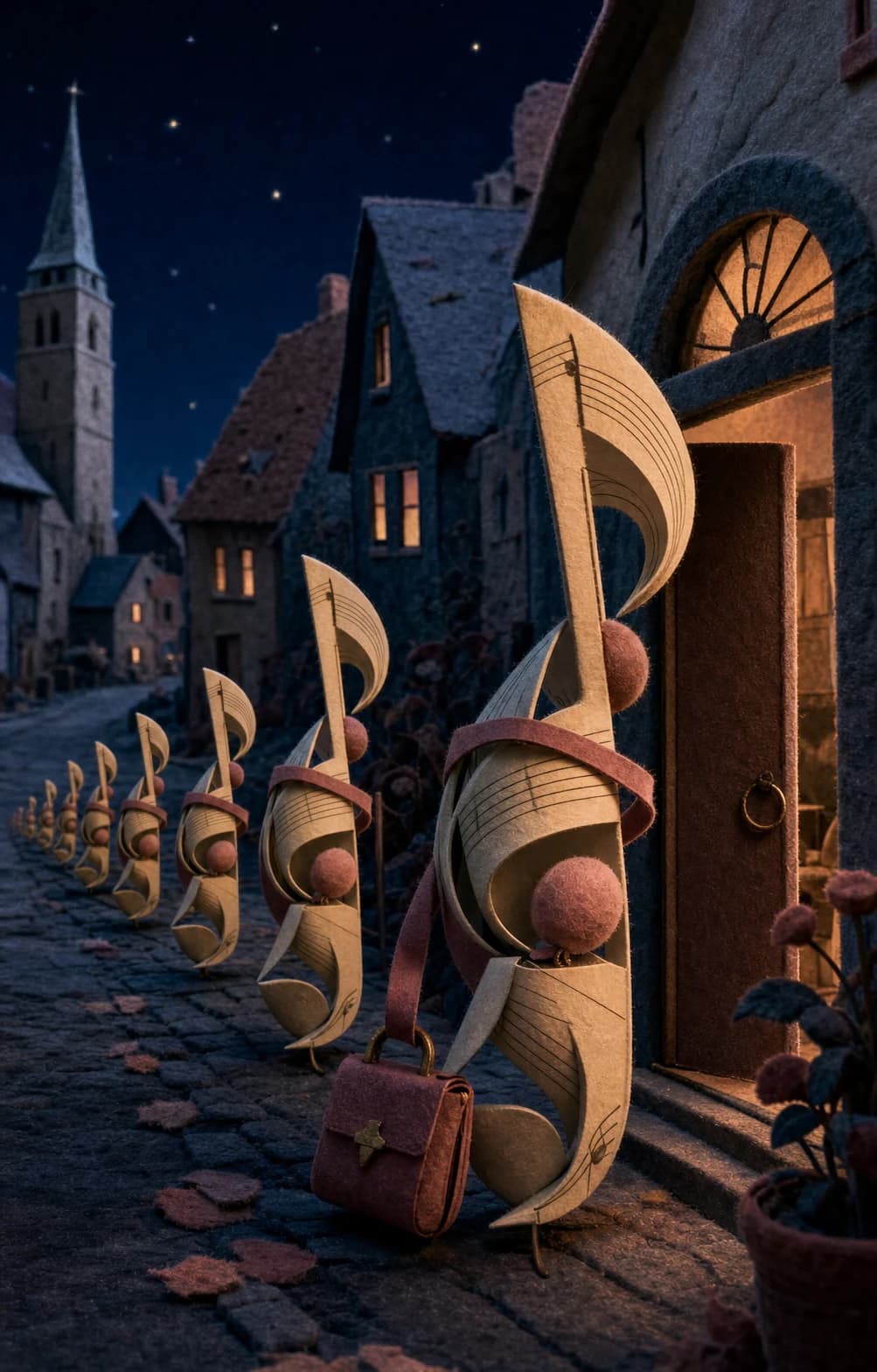 Een rij gevouwen, vilten muziekfiguren staat 's nachts als een grote familie voor een dorpsdeur.