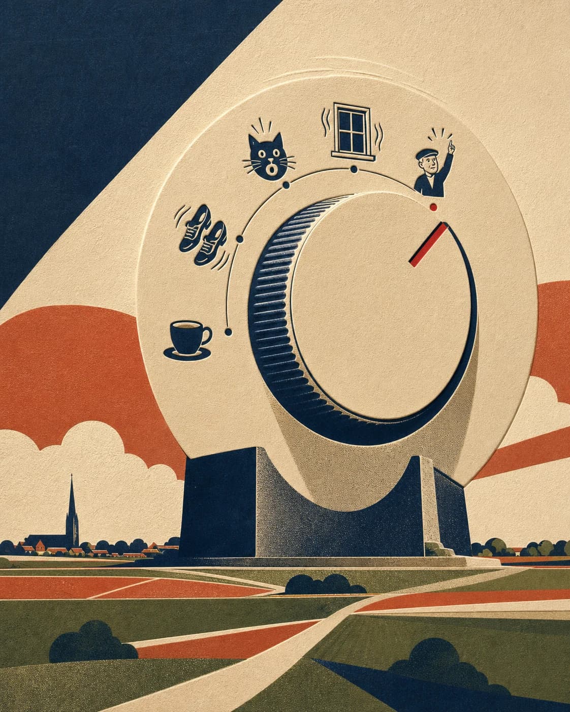 Een monumentale grafische volumeknop staat in het landschap met pictogrammen van koffie tot trillend raam.